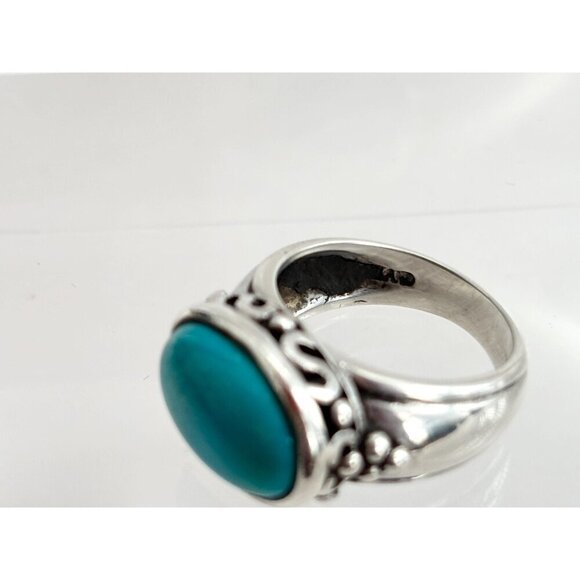 Southwest Style Oval Turquoise Bezel Set Vintage Sterling Silver Ring - sz 6 - Picture 7 of 10